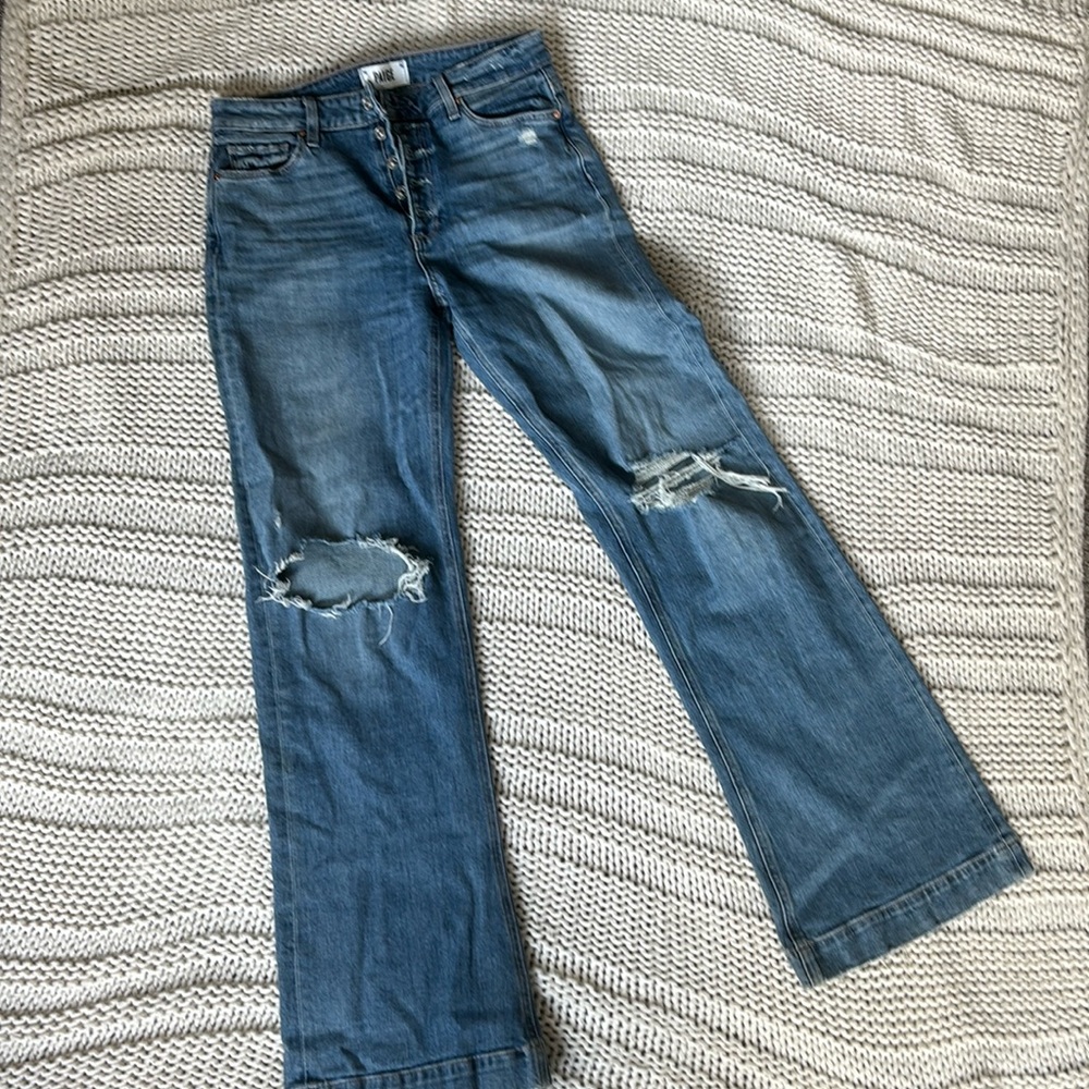 PAIGE Wide Leg DISTRESSED Button Fly High Rise Jeans